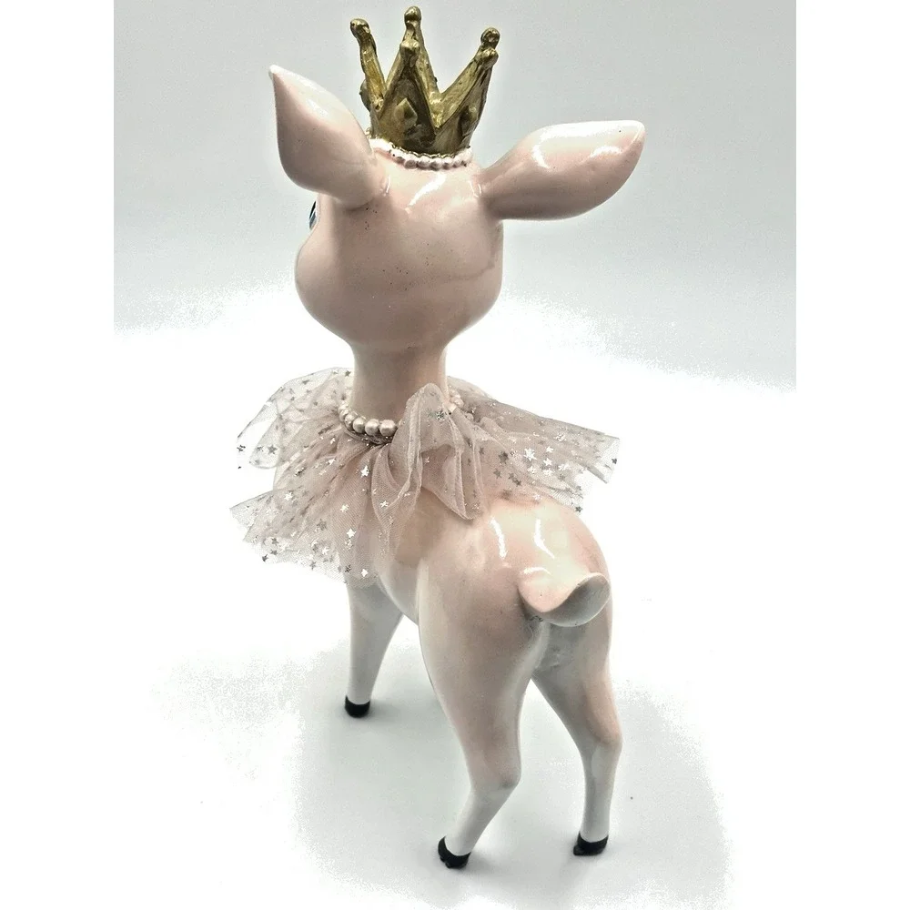 Bella Lux Pink Deer Figurine 10 Inch Crown Tulle Skirt Christmas Decor Princess